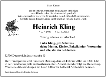Anzeige  Heinrich Kling  Lippische Landes-Zeitung