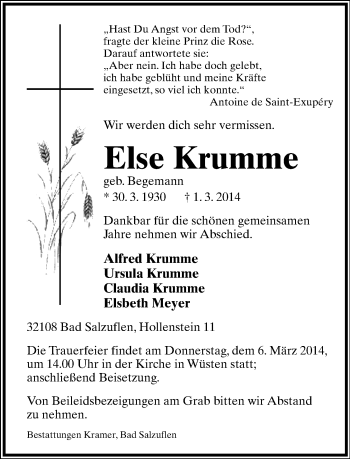 Anzeige  Else Krumme  Lippische Landes-Zeitung