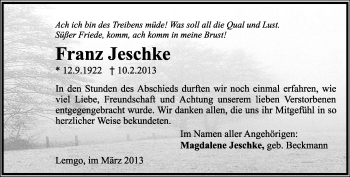 Anzeige  Franz Jeschke  Lippische Landes-Zeitung