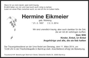 Anzeige  Hermine Eikmeier  Lippische Landes-Zeitung