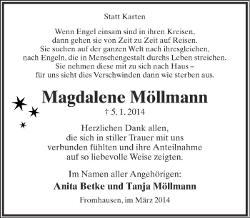 Anzeige  Magdalene Möllmann  Lippische Landes-Zeitung