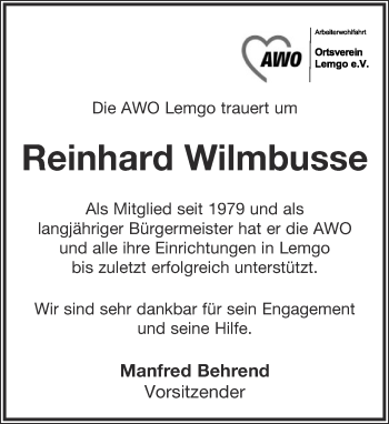 Anzeige  Reinhard Wilmbusse  Lippische Landes-Zeitung