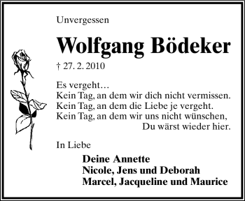 Anzeige  Wolfgang Bödeker  Lippische Landes-Zeitung