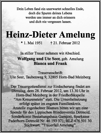 Anzeige  Heinz-Dieter Amelung  Lippische Landes-Zeitung