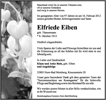 Anzeige  Elfriede Eiben  Lippische Landes-Zeitung