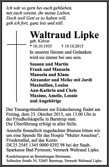 Anzeige  Waldtraud Elisabeth Lipke  Lippische Landes-Zeitung