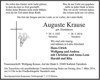 Anzeige  Auguste Krause  Lippische Landes-Zeitung