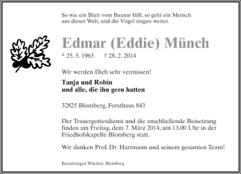 Anzeige  Edmar Münch  Lippische Landes-Zeitung