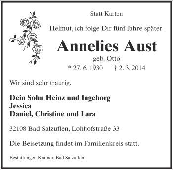 Anzeige  Anneliese Aust  Lippische Landes-Zeitung