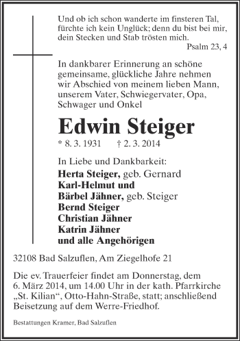 Anzeige  Edwin Steiger  Lippische Landes-Zeitung