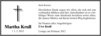 Anzeige  Martha Krull  Lippische Landes-Zeitung