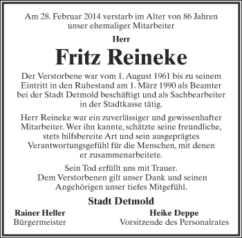 Anzeige  Fritz Reineke  Lippische Landes-Zeitung