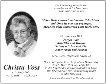 Anzeige  Christa Voss  Lippische Landes-Zeitung