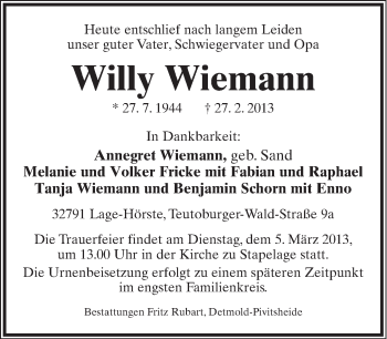 Anzeige  Willy Wiemann  Lippische Landes-Zeitung