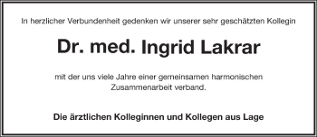 Anzeige  Ingrid Lakrar  Lippische Landes-Zeitung