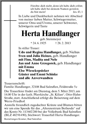 Anzeige  Herta Handlanger  Lippische Landes-Zeitung