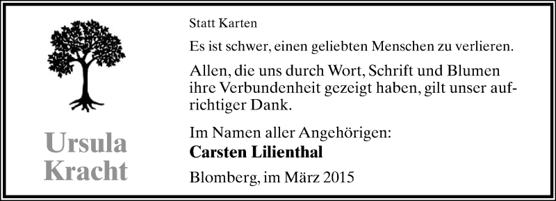  Traueranzeige für Ursula Kracht vom 14.03.2015 aus Lippische Landes-Zeitung