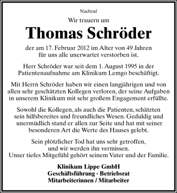 Anzeige  Thomas Schröder  Lippische Landes-Zeitung
