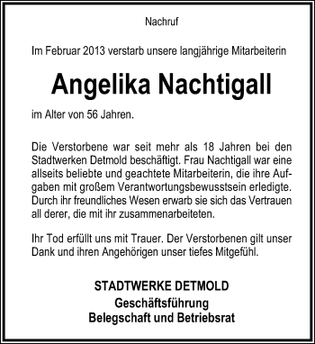 Anzeige  Angelika Nachtigall  Lippische Landes-Zeitung