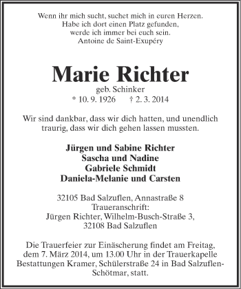Anzeige  Maria Richter  Lippische Landes-Zeitung