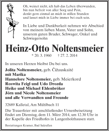Anzeige  Heinz-Otto Noltensmeier  Lippische Landes-Zeitung