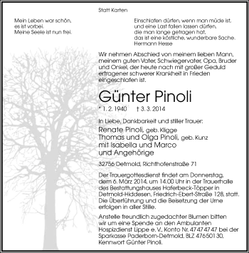 Anzeige  Günter Pinoli  Lippische Landes-Zeitung