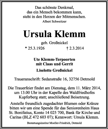 Anzeige  Ursula Klemm  Lippische Landes-Zeitung