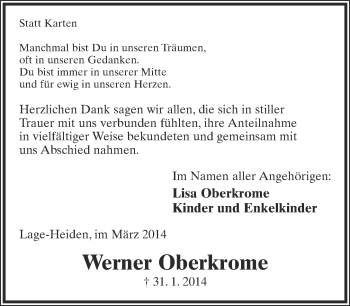 Anzeige  Werner Oberkrome  Lippische Landes-Zeitung
