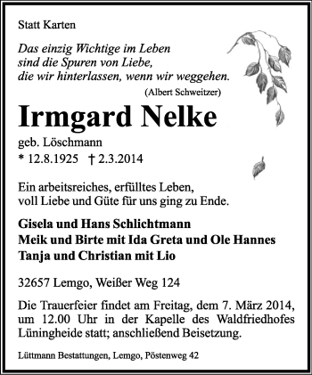 Anzeige  Irmgard Nelke  Lippische Landes-Zeitung