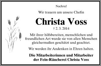 Anzeige  Christa Voss  Lippische Landes-Zeitung