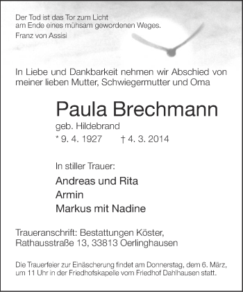 Anzeige  Paula Brechmann  Lippische Landes-Zeitung