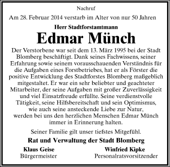 Anzeige  Edmar Münch  Lippische Landes-Zeitung