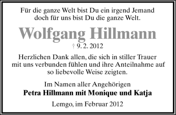 Anzeige  Wolfgang Hillmann  Lippische Landes-Zeitung