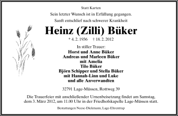Anzeige  Heinz Büker  Lippische Landes-Zeitung