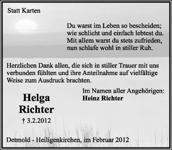 Anzeige  Helga Richter  Lippische Landes-Zeitung