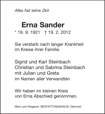Anzeige  Erna Sander  Lippische Landes-Zeitung