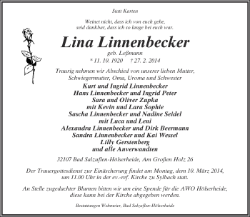 Anzeige  Lina Linnebecker  Lippische Landes-Zeitung