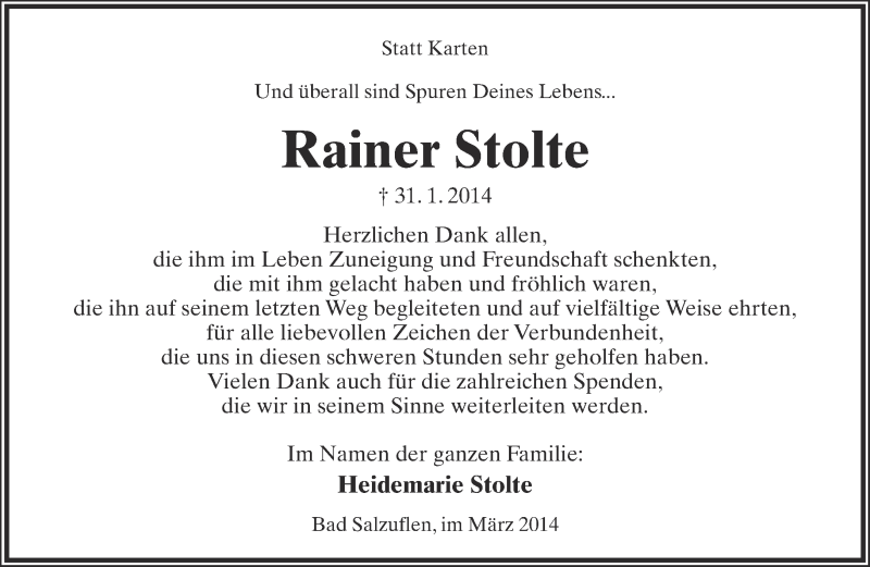 Traueranzeige für Rainer Stolte vom 08.03.2014 aus Lippische Landes-Zeitung