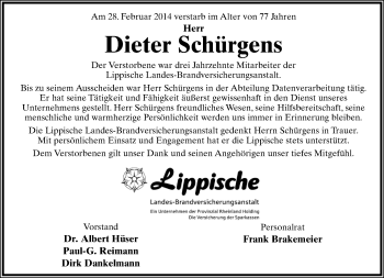 Anzeige  Dieter Schürgens  Lippische Landes-Zeitung