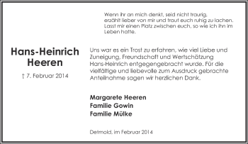 Anzeige  Hans-Heinrich Heeren  Lippische Landes-Zeitung