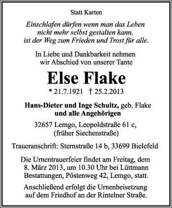 Anzeige  Else Flake  Lippische Landes-Zeitung