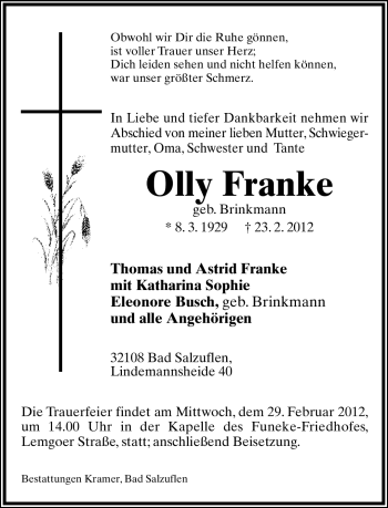 Anzeige  Olly Franke  Lippische Landes-Zeitung