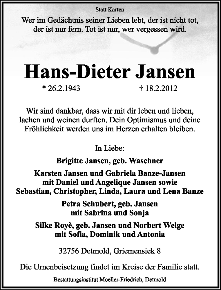  Traueranzeige für Hans-Dieter Jansen vom 25.02.2012 aus Lippische Landes-Zeitung