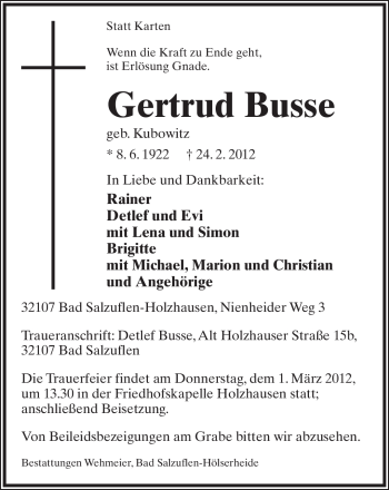 Anzeige  Gertrud Busse  Lippische Landes-Zeitung