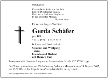Anzeige  Gerda Schäfer  Lippische Landes-Zeitung