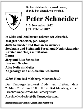 Anzeige  Peter Schneider  Lippische Landes-Zeitung