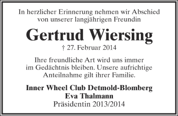 Anzeige  Gertrud Wiersing  Lippische Landes-Zeitung