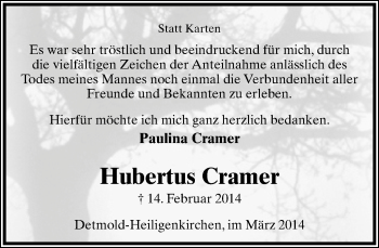 Anzeige  Hubertus Cramer  Lippische Landes-Zeitung
