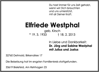 Anzeige  Elfriede Westphal  Lippische Landes-Zeitung