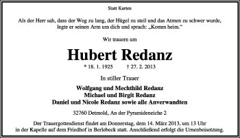 Anzeige  Hubert Redanz  Lippische Landes-Zeitung